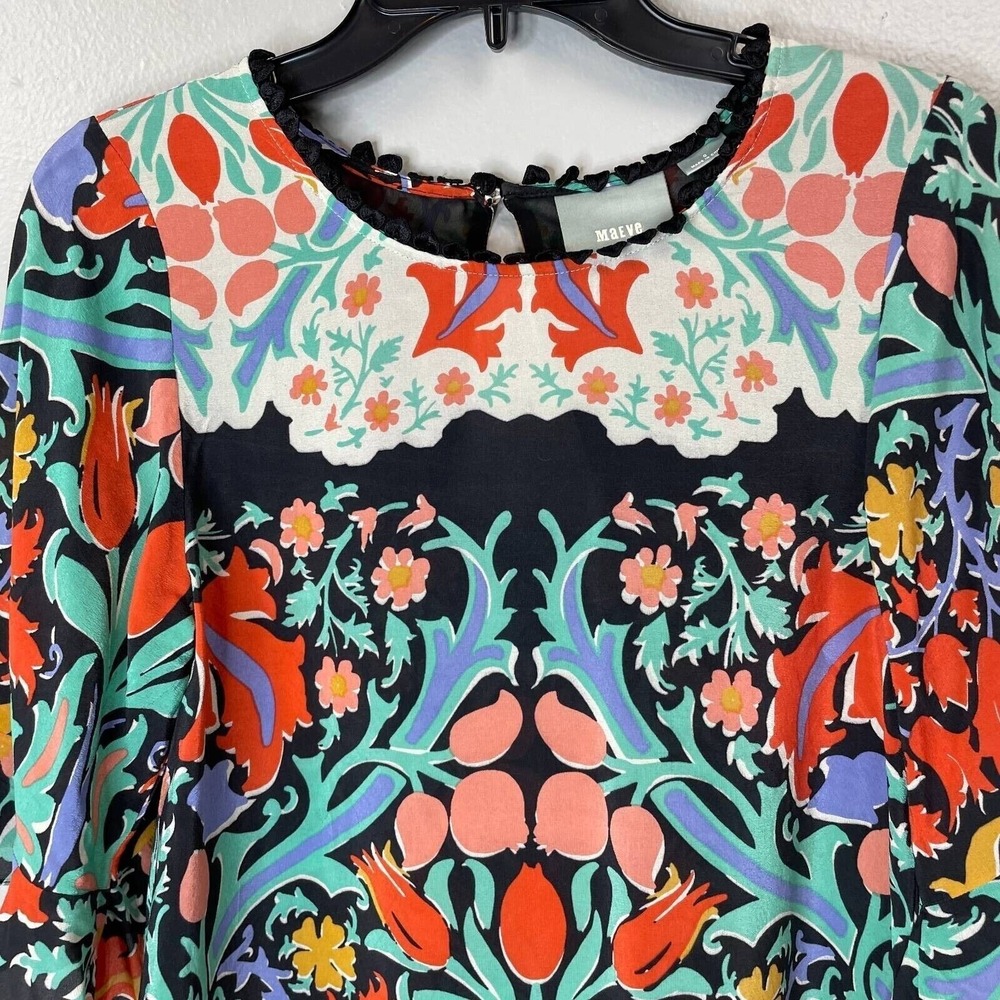 Maeve Silk Top Womens 0 Black Floral Bell Sleeve Ruffle Folkart Print Blouse - Picture 3 of 11